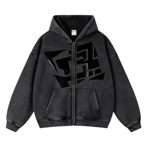 Minimalist Black Glossy Geometric Print Zip-Up Hoodie