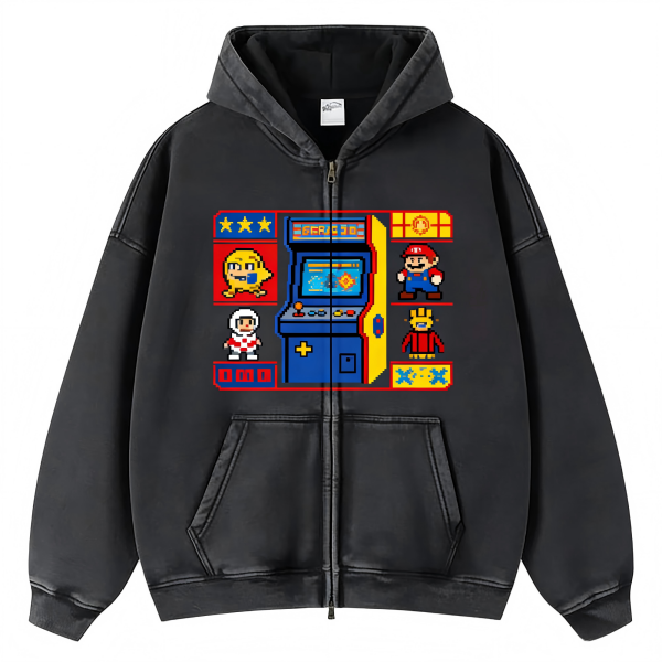 Nostalgic Black Retro Pixel Game Print Zip-Up Hoodie